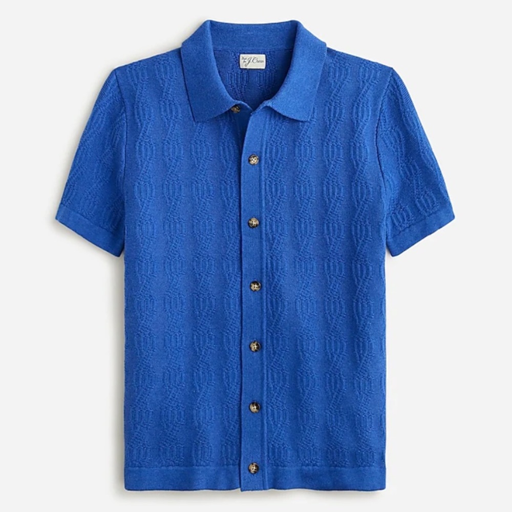J. Crew Blue Short-sleeve cotton polo cardigan sweater in geometric cable-knit